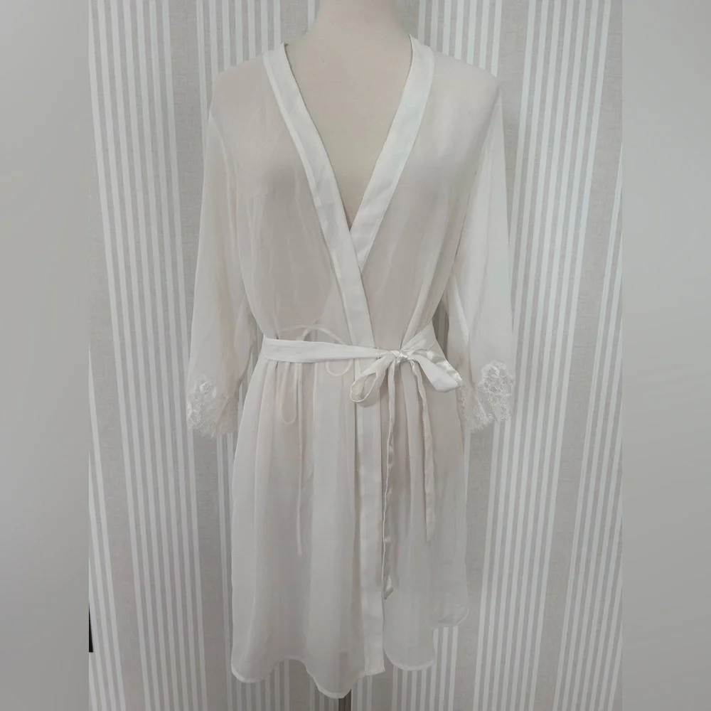 Oscar de la Renta Pink Label Robe Ivory Mesh Lace Sleeve Women’s Size Small